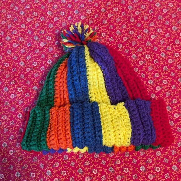 Vintage Rainbow Hat Knit Beanie Cap Pom Clown Umbrella Pattern Unisex - Picture 2 of 3